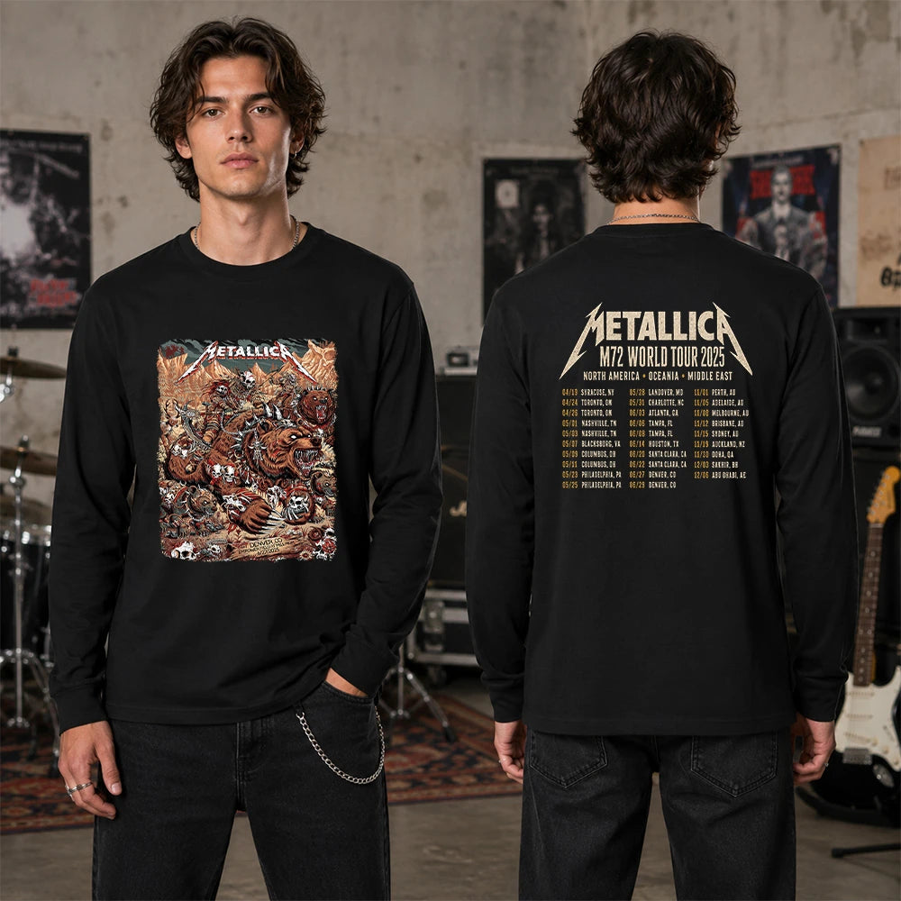 Metallica M72 World Tour June 27 2025 Empower Field At Mile High Denver Colorado United States 2 side T-shirt by Juan Ma Orozco featuring skull-faced warriors riding armored bears, skulls, bones, mountain scenery and M72 tour back print.